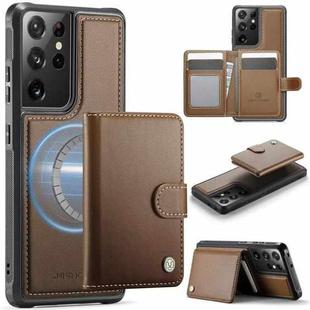 For Samsung Galaxy S21 Ultra 5G JEEHOOD J09 Buckle Card Bag MagSafe Magnetic Style RFID Leather Phone Case(Brown)