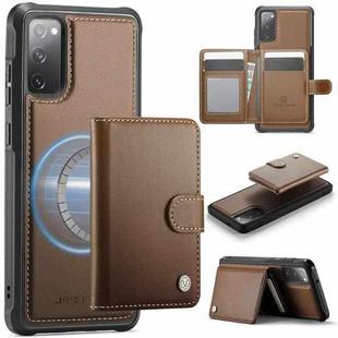 For Samsung Galaxy S20 FE JEEHOOD J09 Buckle Card Bag MagSafe Magnetic Style RFID Leather Phone Case(Brown)
