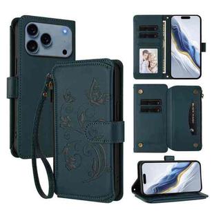 For iPhone 17 Pro Max Butterfly Love Flower Multi-card Zipper Wallet Leather Phone Case(Dark Green)