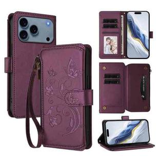 For iPhone 17 Pro Butterfly Love Flower Multi-card Zipper Wallet Leather Phone Case(Dark Purple)