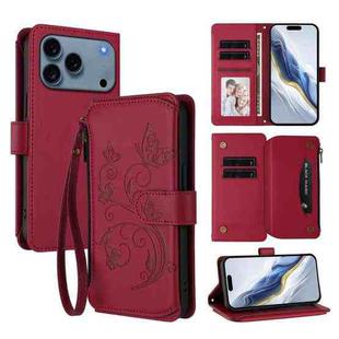 For iPhone 17 Pro Butterfly Love Flower Multi-card Zipper Wallet Leather Phone Case(Wine Red)
