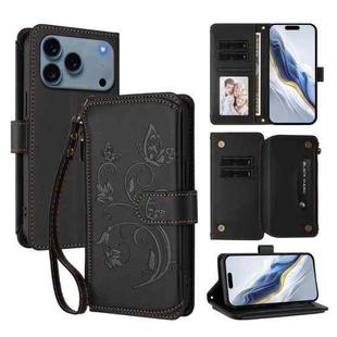 For iPhone 17 Pro Butterfly Love Flower Multi-card Zipper Wallet Leather Phone Case(Black)