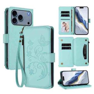 For iPhone 17 Pro Butterfly Love Flower Multi-card Zipper Wallet Leather Phone Case(Mint Green)