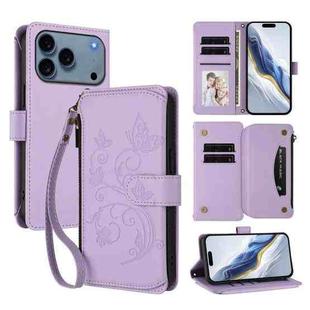 For iPhone 17 Pro Butterfly Love Flower Multi-card Zipper Wallet Leather Phone Case(Light Purple)