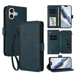 For iPhone 17 Butterfly Love Flower Multi-card Zipper Wallet Leather Phone Case(Dark Green)