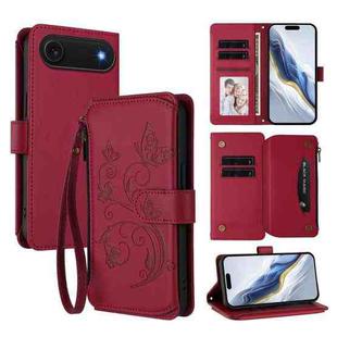 For iPhone 17 Air Butterfly Love Flower Multi-card Zipper Wallet Leather Phone Case(Wine Red)