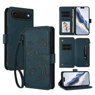 For iPhone 17 Air Butterfly Love Flower Multi-card Zipper Wallet Leather Phone Case(Dark Green)