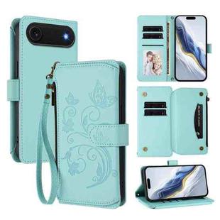 For iPhone 17 Air Butterfly Love Flower Multi-card Zipper Wallet Leather Phone Case(Mint Green)