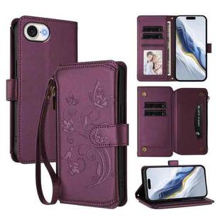For iPhone 16e Butterfly Love Flower Multi-card Zipper Wallet Leather Phone Case(Dark Purple)