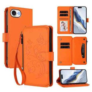 For iPhone 16e Butterfly Love Flower Multi-card Zipper Wallet Leather Phone Case(Orange)