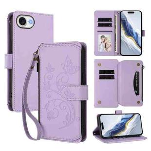 For iPhone 16e Butterfly Love Flower Multi-card Zipper Wallet Leather Phone Case(Light Purple)