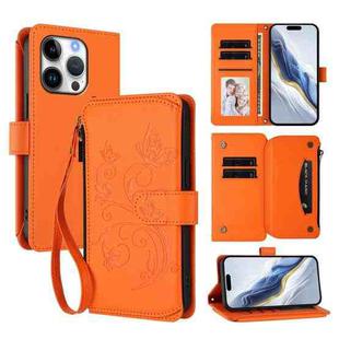 For iPhone 16 Pro Max Butterfly Love Flower Multi-card Zipper Wallet Leather Phone Case(Orange)
