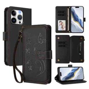 For iPhone 16 Pro Max Butterfly Love Flower Multi-card Zipper Wallet Leather Phone Case(Black)
