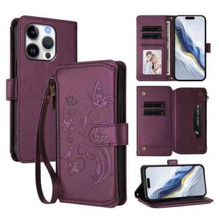 For iPhone 16 Pro Butterfly Love Flower Multi-card Zipper Wallet Leather Phone Case(Dark Purple)