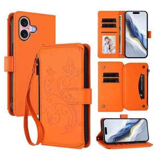 For iPhone 16 Butterfly Love Flower Multi-card Zipper Wallet Leather Phone Case(Orange)