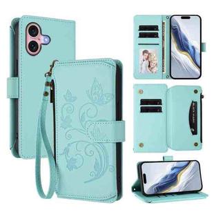 For iPhone 16 Butterfly Love Flower Multi-card Zipper Wallet Leather Phone Case(Mint Green)