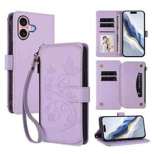 For iPhone 16 Butterfly Love Flower Multi-card Zipper Wallet Leather Phone Case(Light Purple)