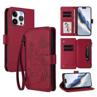 For iPhone 15 Pro Butterfly Love Flower Multi-card Zipper Wallet Leather Phone Case(Wine Red)