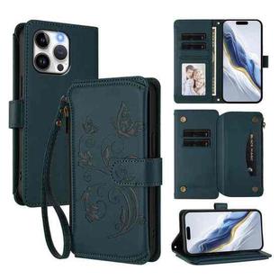 For iPhone 15 Pro Butterfly Love Flower Multi-card Zipper Wallet Leather Phone Case(Dark Green)
