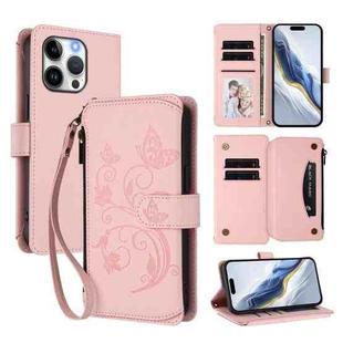 For iPhone 15 Pro Butterfly Love Flower Multi-card Zipper Wallet Leather Phone Case(Pink)