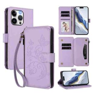 For iPhone 15 Pro Butterfly Love Flower Multi-card Zipper Wallet Leather Phone Case(Light Purple)