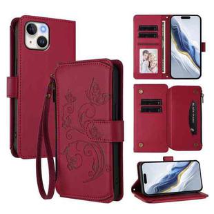 For iPhone 15 Plus Butterfly Love Flower Multi-card Zipper Wallet Leather Phone Case(Wine Red)