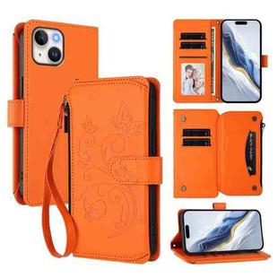 For iPhone 15 Plus Butterfly Love Flower Multi-card Zipper Wallet Leather Phone Case(Orange)