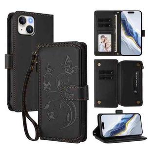 For iPhone 15 Plus Butterfly Love Flower Multi-card Zipper Wallet Leather Phone Case(Black)