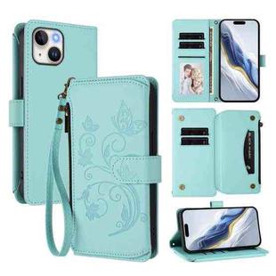 For iPhone 15 Plus Butterfly Love Flower Multi-card Zipper Wallet Leather Phone Case(Mint Green)