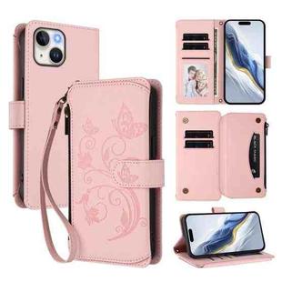 For iPhone 15 Plus Butterfly Love Flower Multi-card Zipper Wallet Leather Phone Case(Pink)