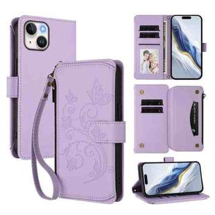For iPhone 15 Plus Butterfly Love Flower Multi-card Zipper Wallet Leather Phone Case(Light Purple)