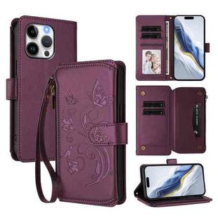 For iPhone 14 Pro Max Butterfly Love Flower Multi-card Zipper Wallet Leather Phone Case(Dark Purple)