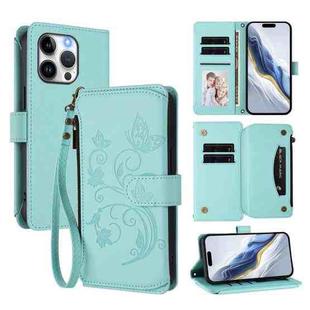 For iPhone 14 Pro Max Butterfly Love Flower Multi-card Zipper Wallet Leather Phone Case(Mint Green)