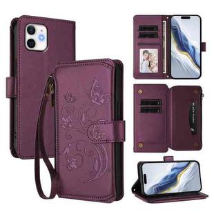 For iPhone 12 / 12 Pro Butterfly Love Flower Multi-card Zipper Wallet Leather Phone Case(Dark Purple)