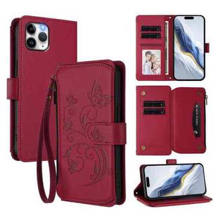 For iPhone 11 Pro Max Butterfly Love Flower Multi-card Zipper Wallet Leather Phone Case(Wine Red)