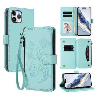 For iPhone 11 Pro Max Butterfly Love Flower Multi-card Zipper Wallet Leather Phone Case(Mint Green)