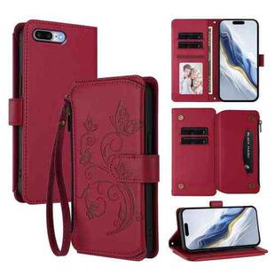 For iPhone 7 Plus / 8 Plus Butterfly Love Flower Multi-card Zipper Wallet Leather Phone Case(Wine Red)