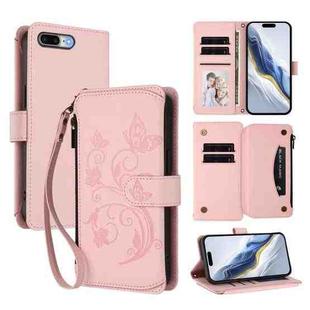 For iPhone 7 Plus / 8 Plus Butterfly Love Flower Multi-card Zipper Wallet Leather Phone Case(Pink)