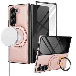 For Samsung Galaxy Z Fold5 Folding Rotation Holder MagSafe Film Integrated Leather Phone Case(Rose Gold)