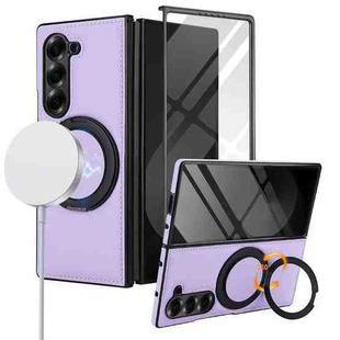 For Samsung Galaxy Z Fold5 Folding Rotation Holder MagSafe Film Integrated Leather Phone Case(Light Purple)