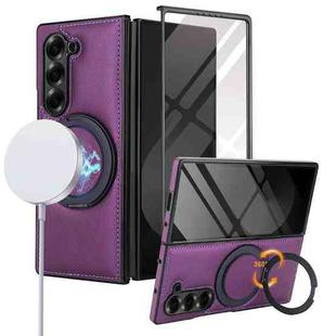 For Samsung Galaxy Z Fold5 Folding Rotation Holder MagSafe Film Integrated Leather Phone Case(Dark Purple)