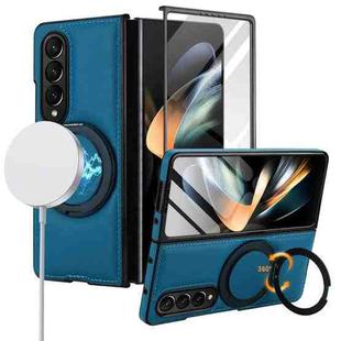 For Samsung Galaxy Z Fold4 Folding Rotation Holder MagSafe Film Integrated Leather Phone Case(Blue)
