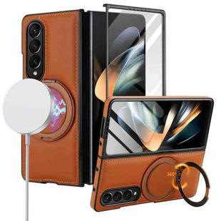 For Samsung Galaxy Z Fold4 Folding Rotation Holder MagSafe Film Integrated Leather Phone Case(Brown)
