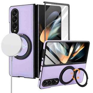 For Samsung Galaxy Z Fold3 5G Folding Rotation Holder MagSafe Film Integrated Leather Phone Case(Light Purple)