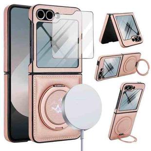 For Samsung Galaxy Z Flip5 Folding Rotation Holder MagSafe Film Integrated Leather Phone Case(Rose Gold)