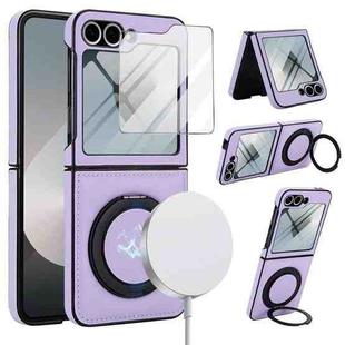 For Samsung Galaxy Z Flip5 Folding Rotation Holder MagSafe Film Integrated Leather Phone Case(Light Purple)