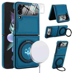 For Samsung Galaxy Z Flip4 Folding Rotation Holder MagSafe Film Integrated Leather Phone Case(Blue)