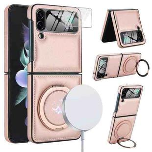 For Samsung Galaxy Z Flip4 Folding Rotation Holder MagSafe Film Integrated Leather Phone Case(Rose Gold)