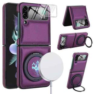 For Samsung Galaxy Z Flip4 Folding Rotation Holder MagSafe Film Integrated Leather Phone Case(Dark Purple)