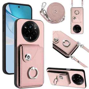 For Realme 14 Pro Organ Card Bag Ring Holder Phone Case with Long Lanyard(Pink)